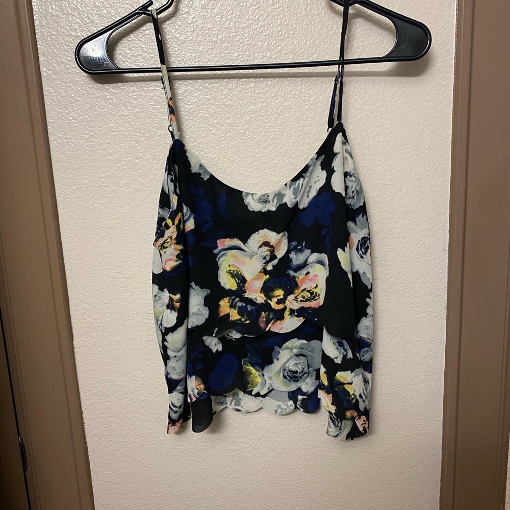 Macy’s black crop top, tank, black floral medium